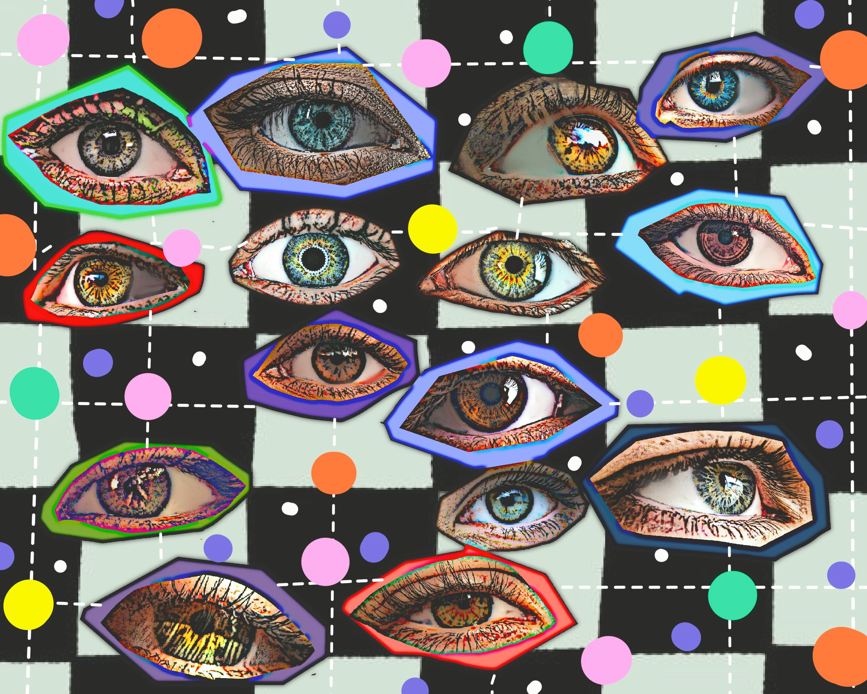 visual assets printed and arranged on a wall, illustrating a growing image library without structure