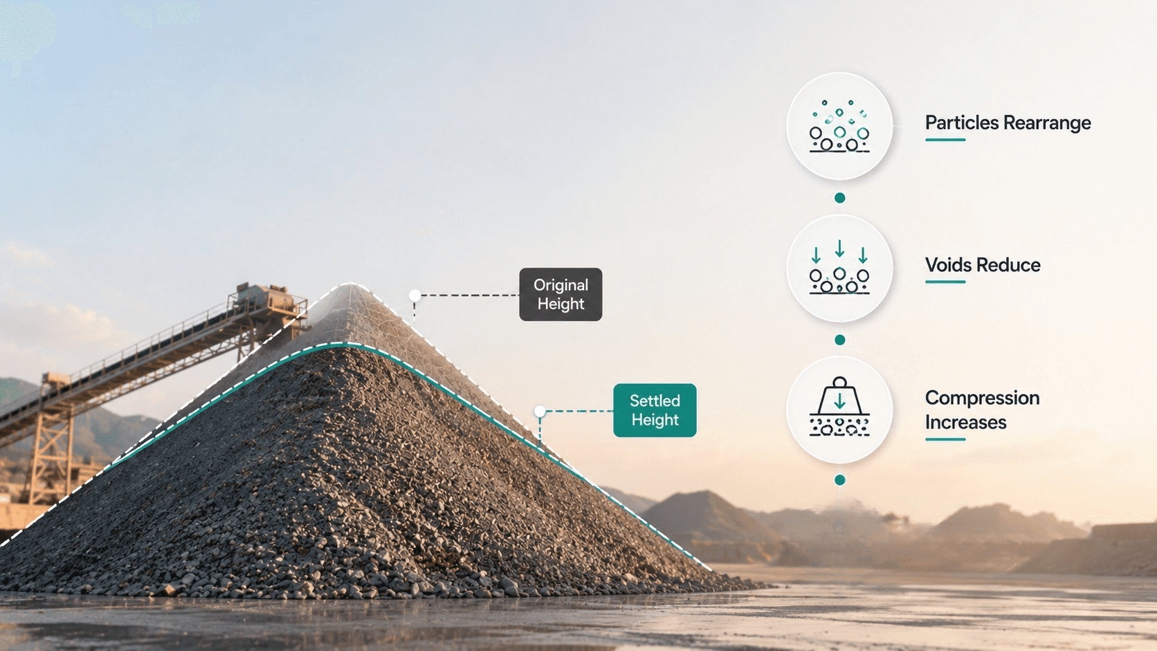 Bulk material stockpile showing natural settlement during long-term storage at an industrial operation.