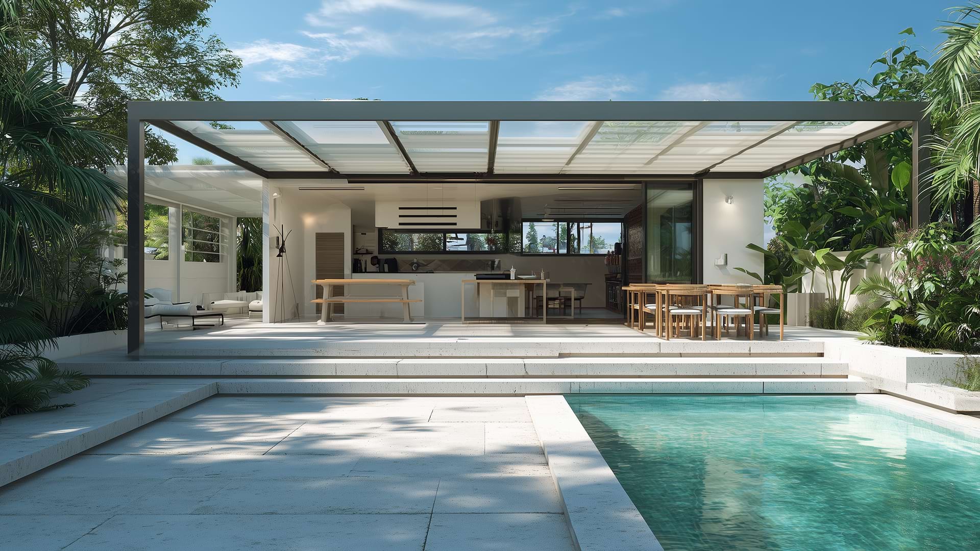Modern outdoor kitchen and dining space with glass roof, surrounded by lush greenery. Steps lead to a clear turquoise pool under a blue sky.