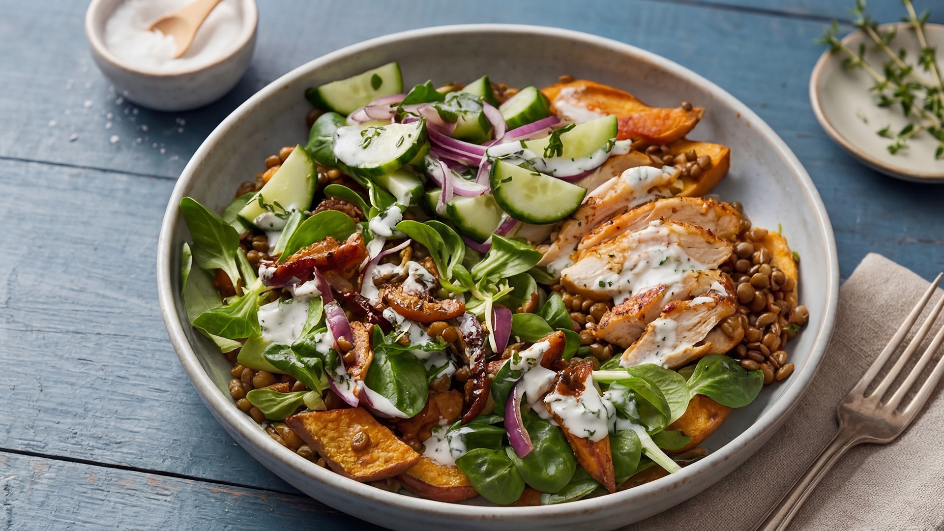 Frischer Linsensalat mit Hähnchenfilet, Apfel, Gurke und cremigem Dressing in einer Bowl angerichtet