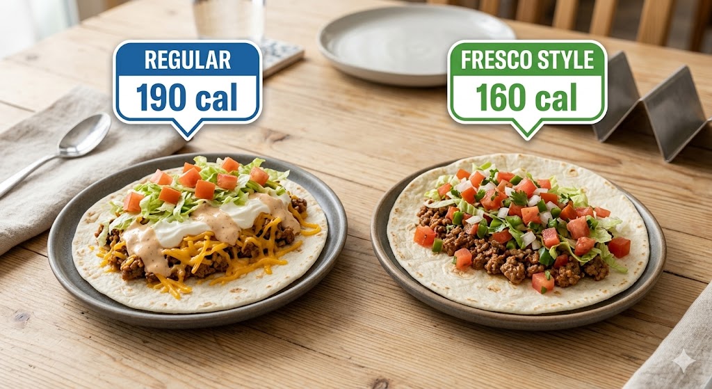 A clean side-by-side comparison of two Taco Bell soft tacos illustrating the calorie difference. The "REGULAR" taco with shredded cheese and sour cream is labeled "190 cal," while the "FRESCO STYLE" taco with fresh pico de gallo and no cheese is labeled "160 cal."
