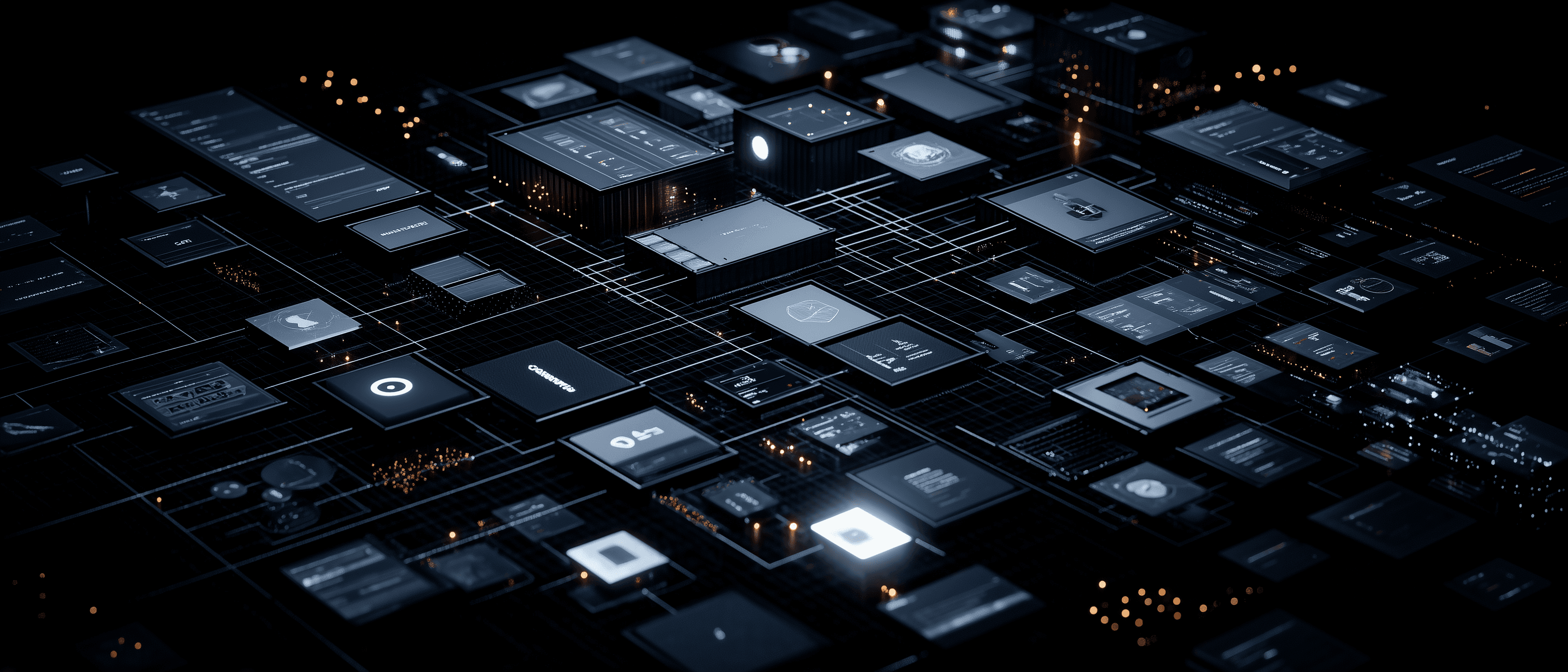 Dark, high-tech network of connected interface blocks and data panels arranged across a digital grid, representing governed trade intelligence APIs for enterprise decision-making.