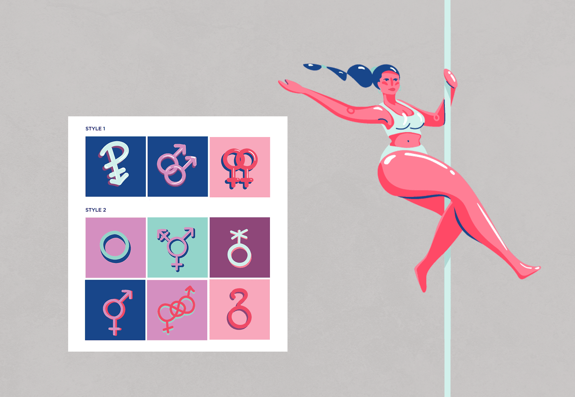 A set of colorful hand-drawn icons for event attendees to use on their profiles to indicate their sexual orientation and a custom illustration of a person dancing on a pole.