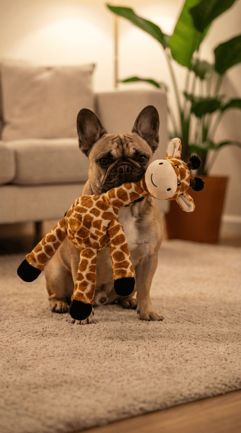 French bulldog sitting indoors holding a giraffe plush dog toy in a cozy living room