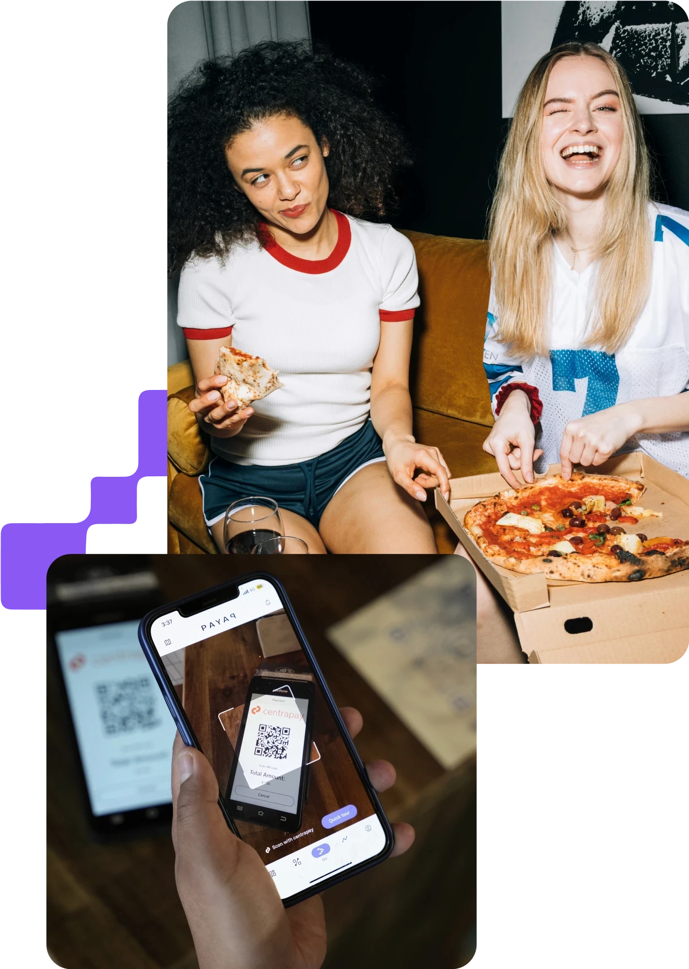Two people eating takeout pizza, with a second image overlaid showing a QR code being scanned over an EFTPOS terminal.
