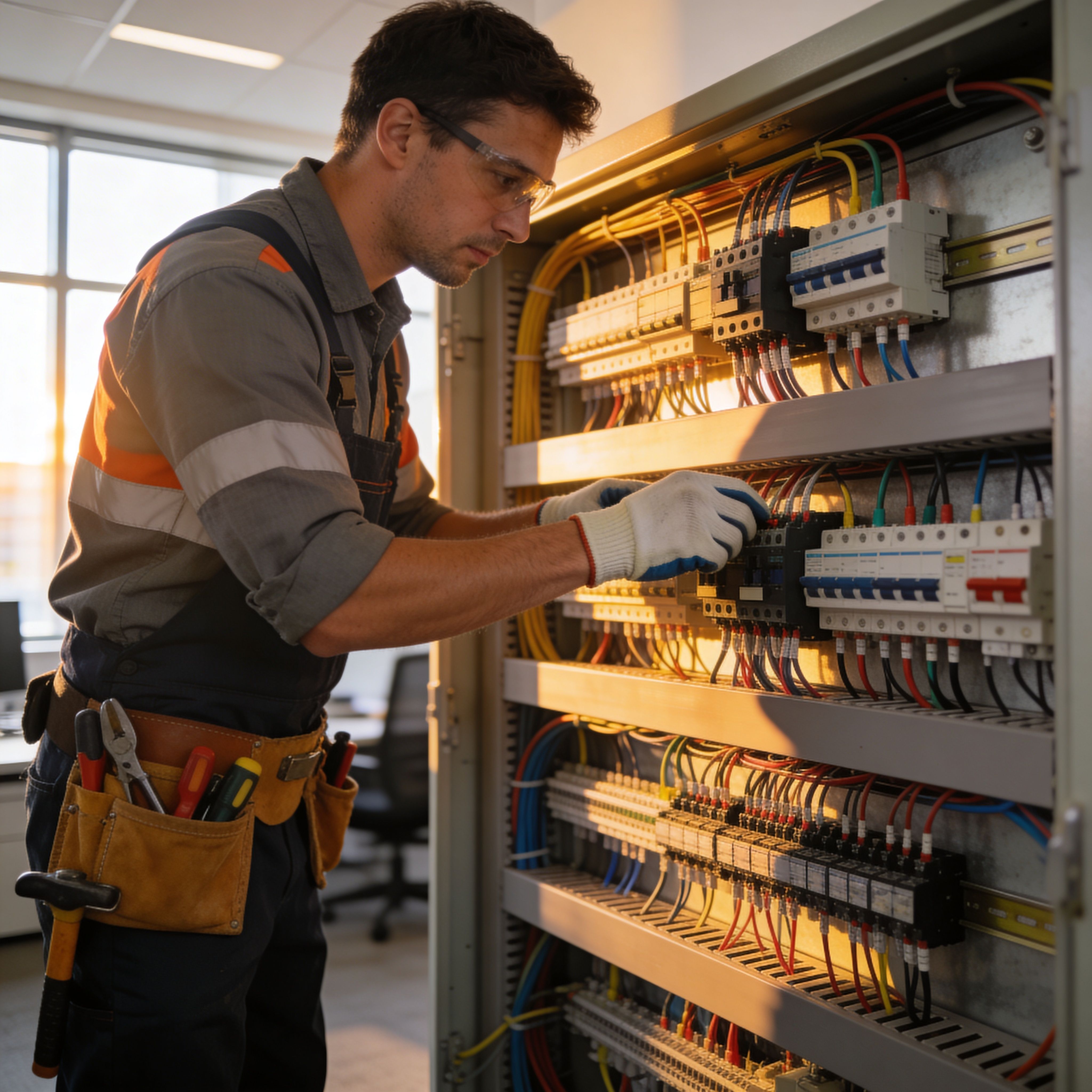 Commercial electrician in safety gear servicing large industrial circuit breaker panel
