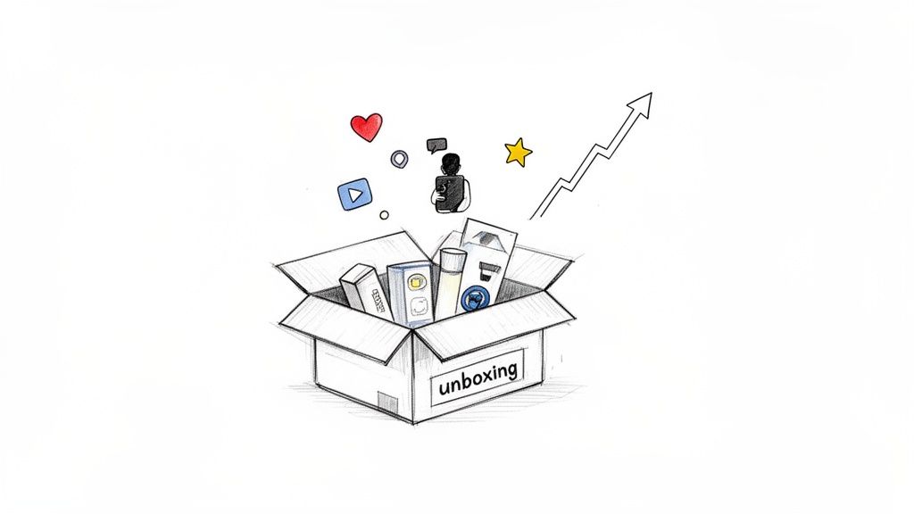 An unboxing box filled with products, surrounded by social media icons and a rising growth arrow.