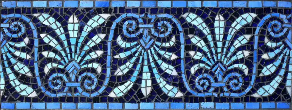 Anthemion Palmette mosaic border, Blue and white on navy, hand-cut — reference H-23, Mosaiclegs Art Studio