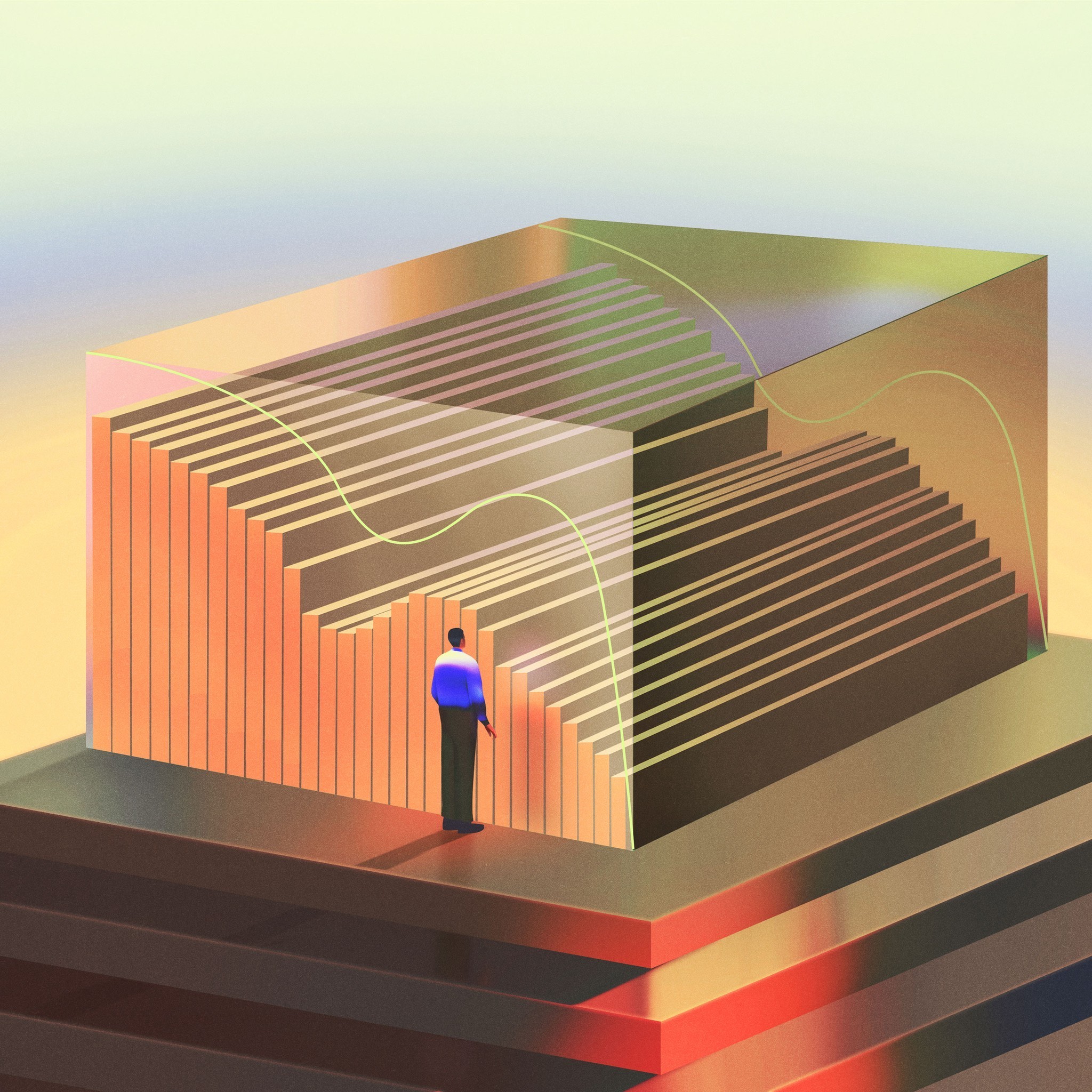 Person in dark cloak stands in glowing orange sandstone canyon