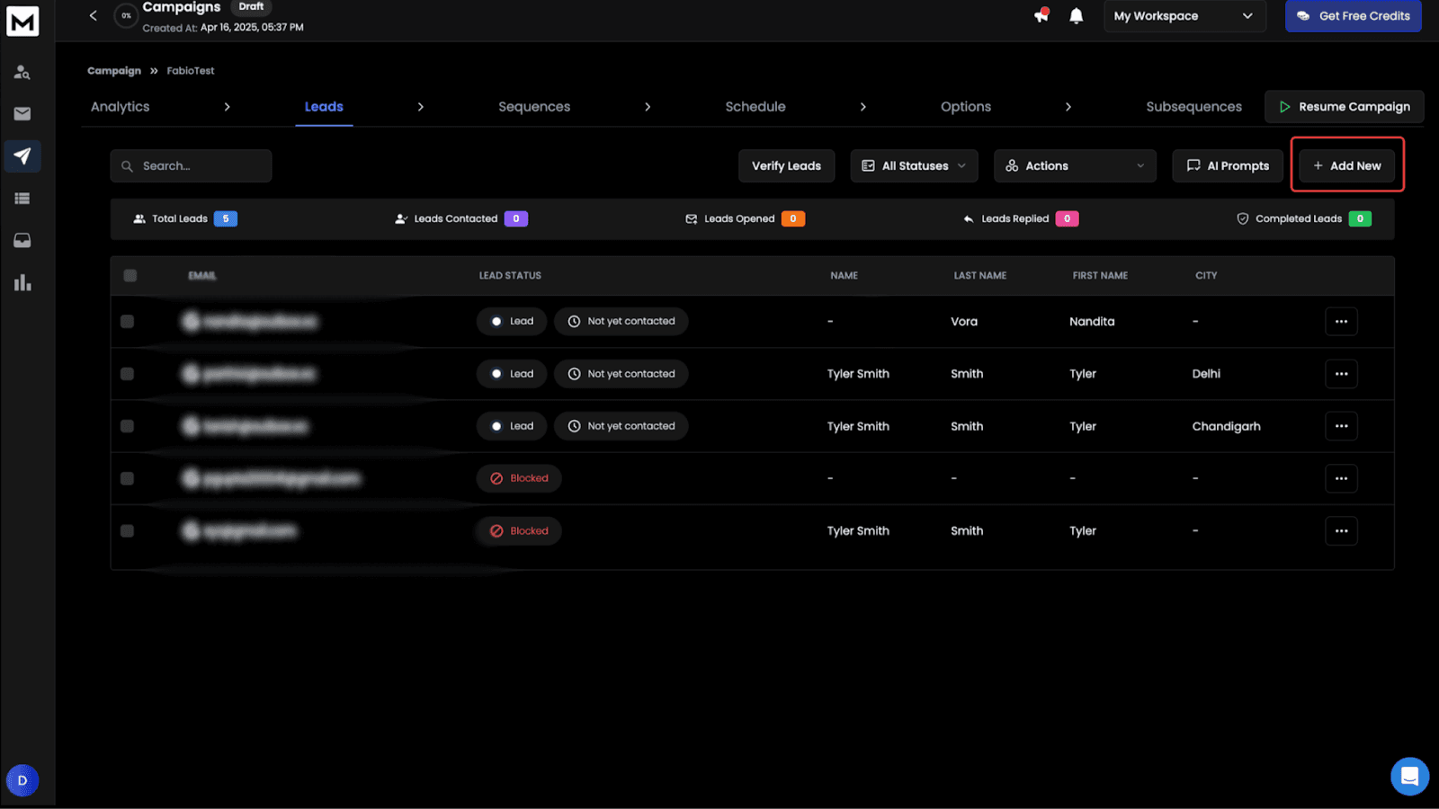 ReachInbox campaign dashboard showing leads list with statuses like lead, blocked, and not yet contacted, plus buttons for verifying and adding new leads