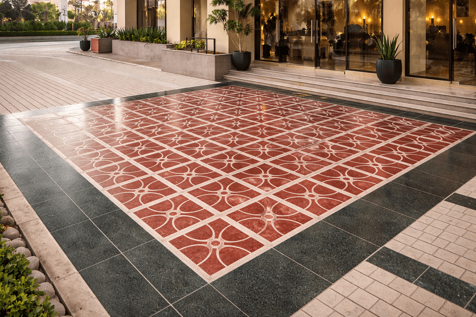 Decorative stone paving with intricate geometric pattern for outdoor courtyard flooring