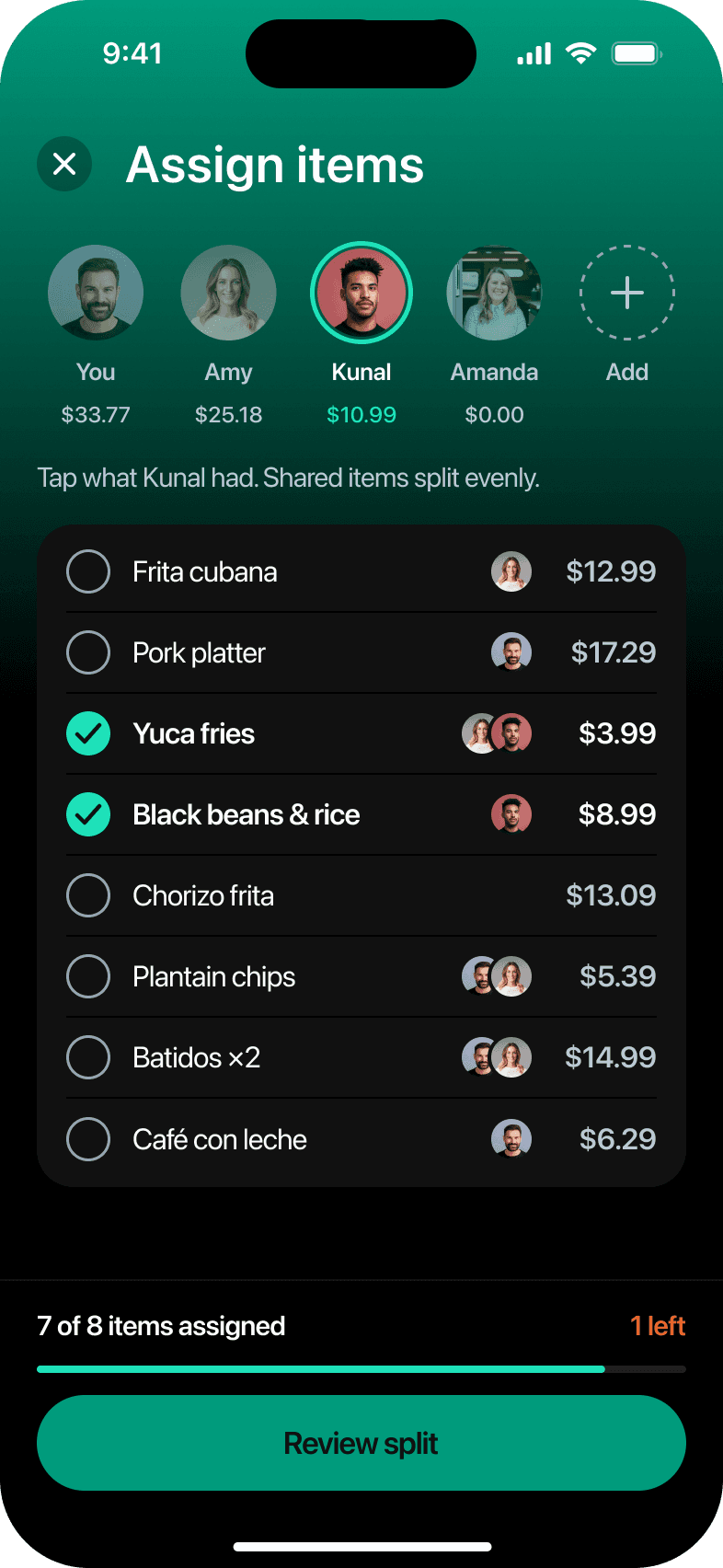 Assign items, Kunal selected, 12 taps in