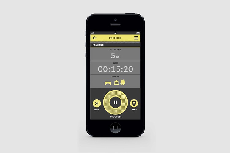 A black iPhone displays a screen showing "NEW RIDE" at the top, with "5 mi" under "DISTANCE" and "00:15:20" under "TIME." Below, a yellow circular progress bar is centered, with "QUIT" and "MAP" buttons on either side. The screen is framed by a yellow header bar with "FREERIDE" at the top.