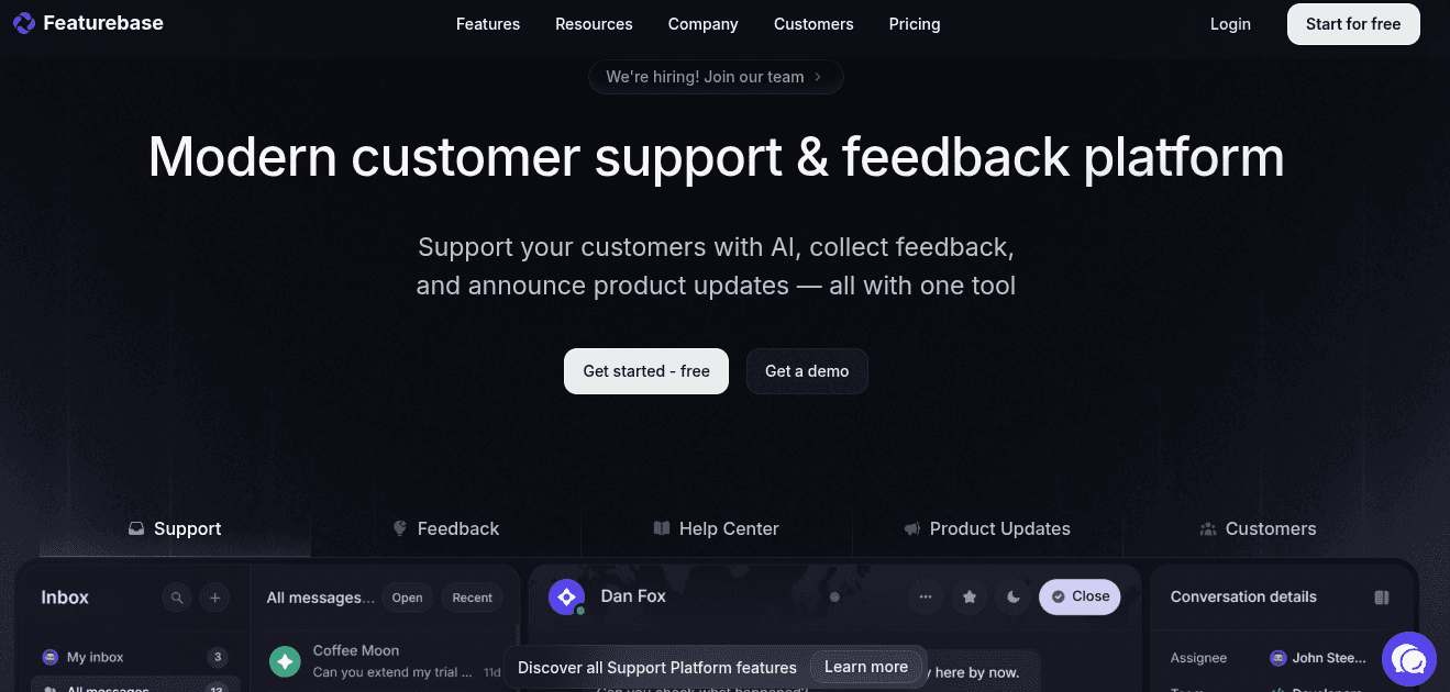 Featurebase homepage with headline 'Modern customer support & feedback platform,' showing tabs for Support, Feedback, Help Center, Product Updates, and Customers."