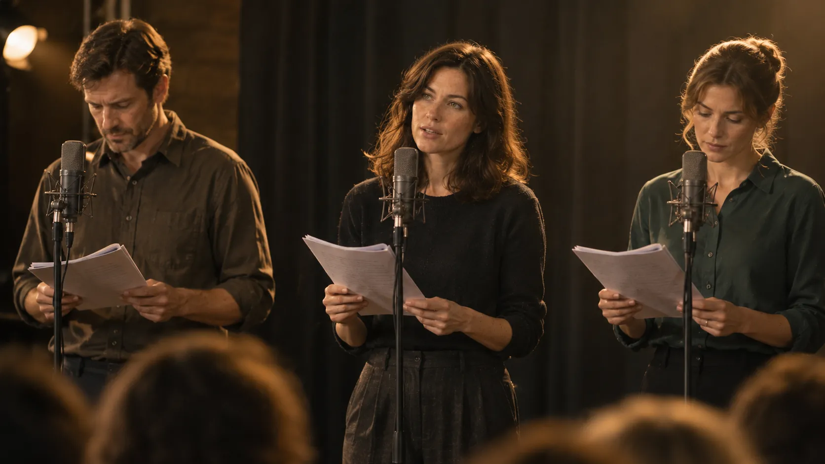Three actors reading at radio microphones