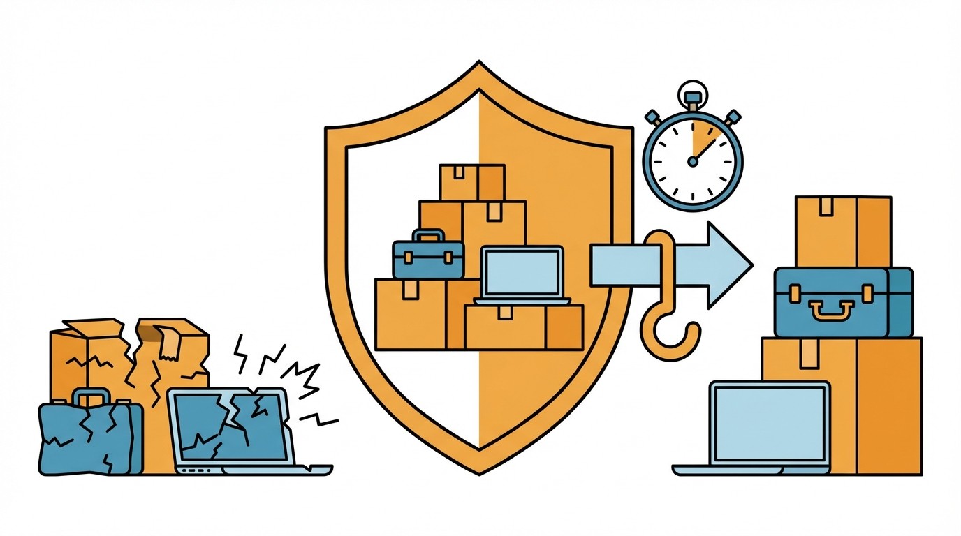 Grafik: Schutzschild auf einer Brücke zwischen Gebäude und Schadenfall. Symbolbild für Versicherung und Absicherung.