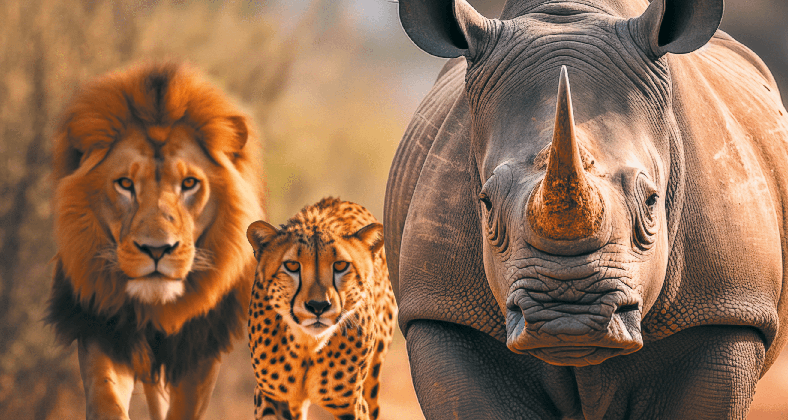 Campagne AI Planète Sauvage : lion, tigre et rhinocéros en savane