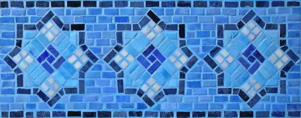 Diamond Lozenge mosaic border, Blues on pale brick, hand-cut — reference H-30, Mosaiclegs Art Studio