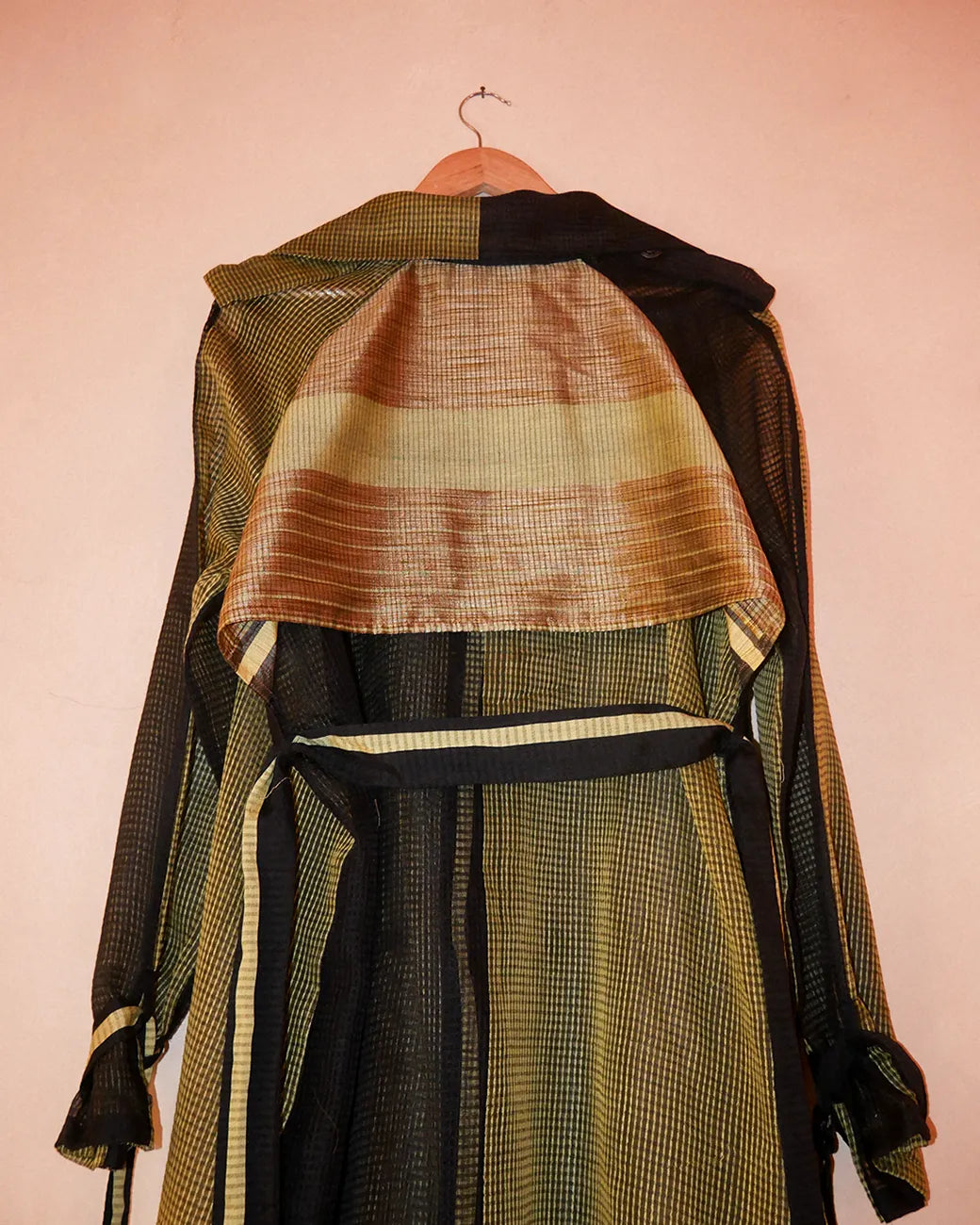 Vedya Black checkered silk trench coat handcrafted from South Indian silk with relaxed boxy fit, buckle details on arms and waist