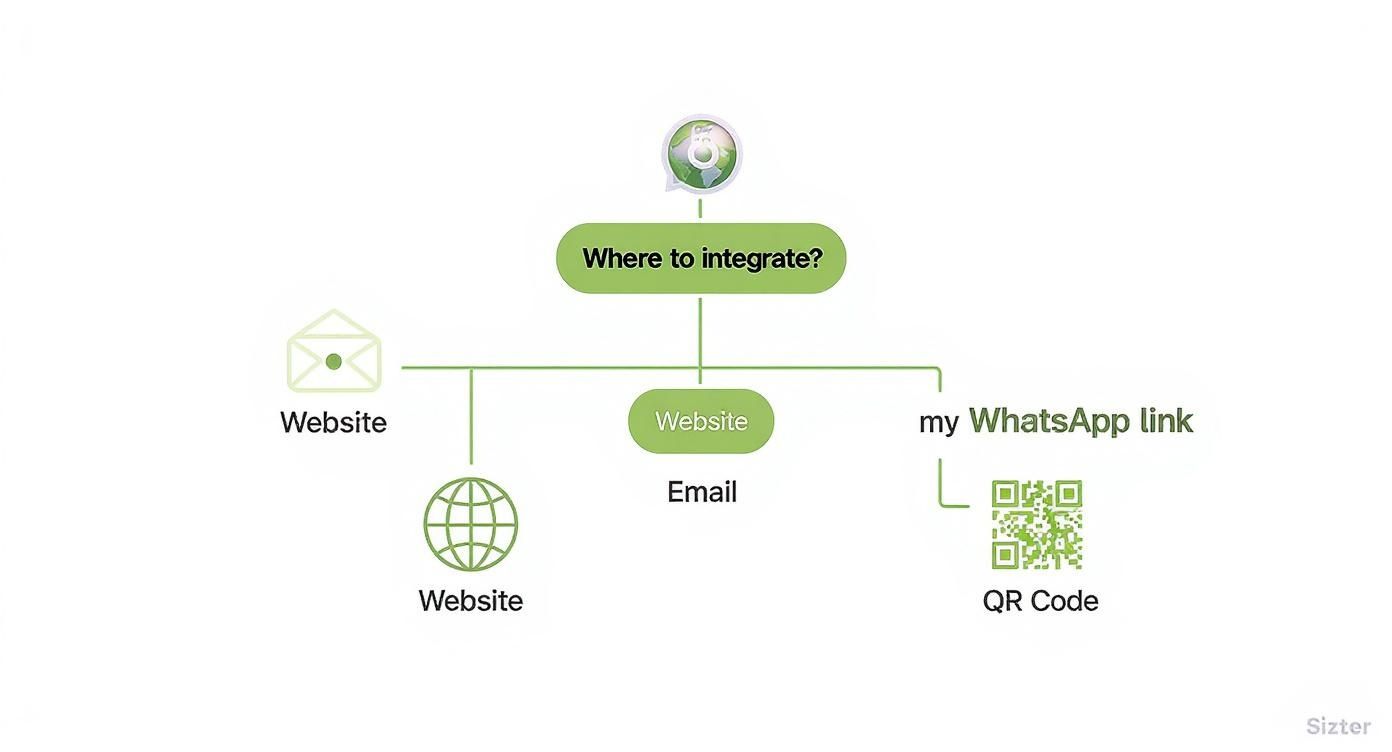 Diagramme montrant les options d'intégration WhatsApp incluant site web, email et code QR pour chat direct
