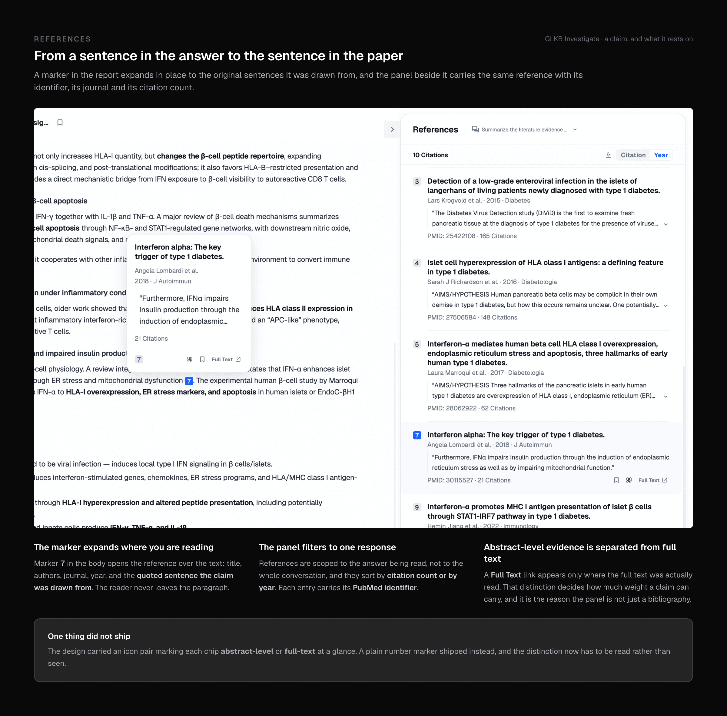 A numbered marker in a report paragraph expanded in place to the sentence it was drawn from, beside a references panel listing ten citations with authors, journal, year and citation count.