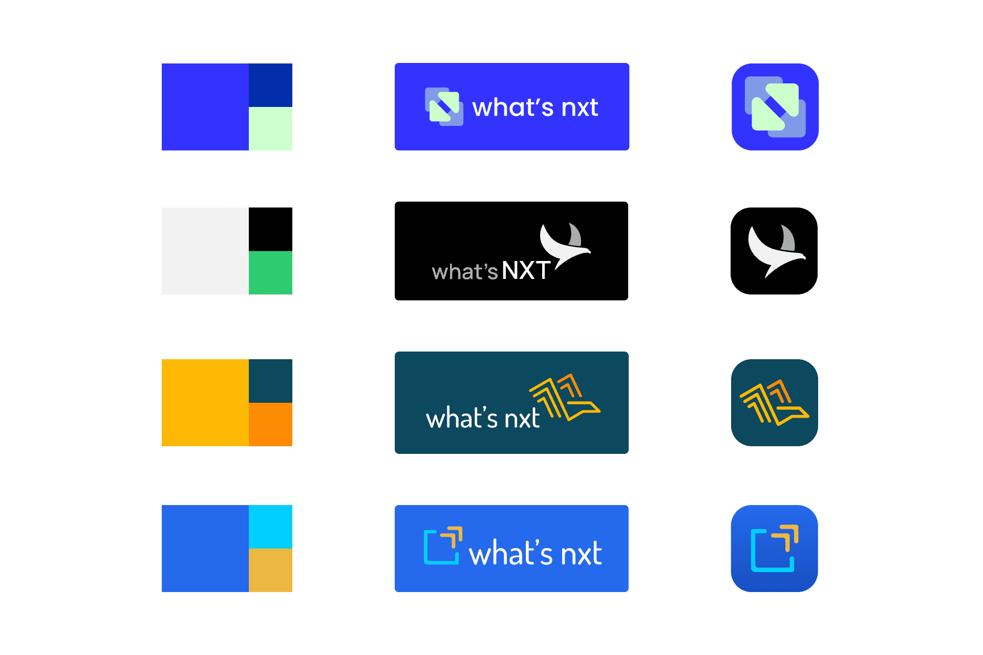 Bold, modern logo variations for "what’s nxt" with different layouts and color palettes; includes abstract bird, squares, and arrows for innovation.