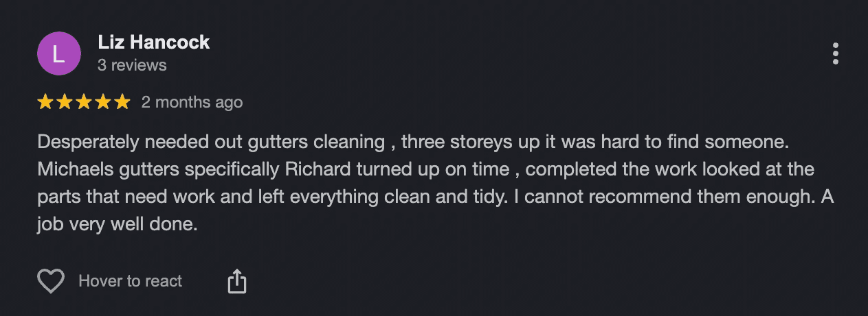 Positive Google review for three-story gutter cleaning project