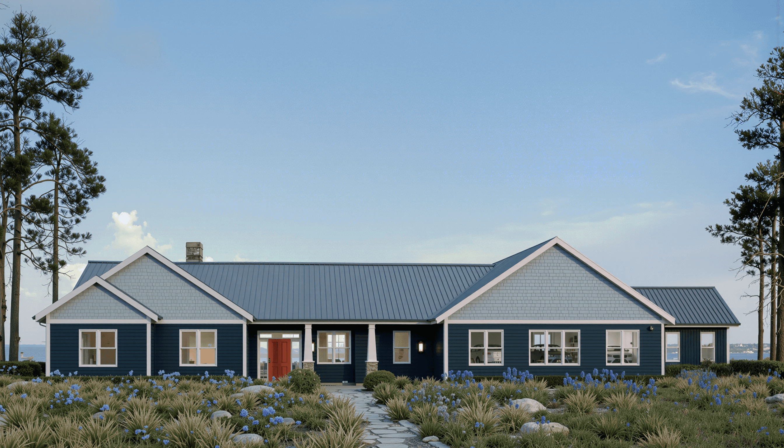 Single-story blue ranch-style house with gray metal roof and stone accents, featuring attached garage design plans by Mercer Design and Drafting, Halifax's premier architecture and drafting studio specializing in residential garage construction.