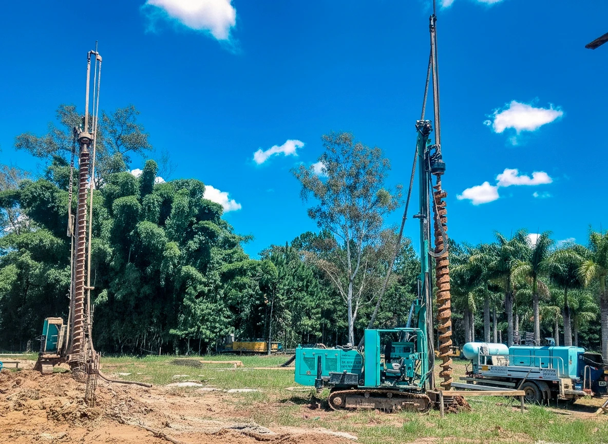 Duas máquinas perfuratrizes em um campo aberto de terra, uma delas com o mastro abaixado, cercadas por vegetação densa, incluindo palmeiras e bambus. O céu é azul com nuvens brancas.