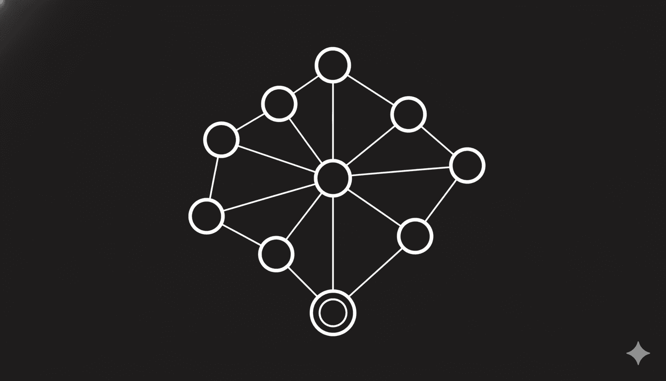 Abstract node graph with circles connected by solid lines converging to a central double-ringed node, on a dark background, representing multi-document legal retrieval architecture