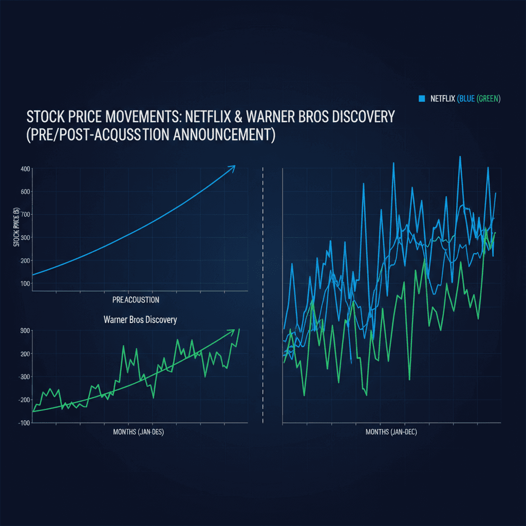 Stock price chart for Netflix and Warner Bros Discovery pre- and post-acquisition