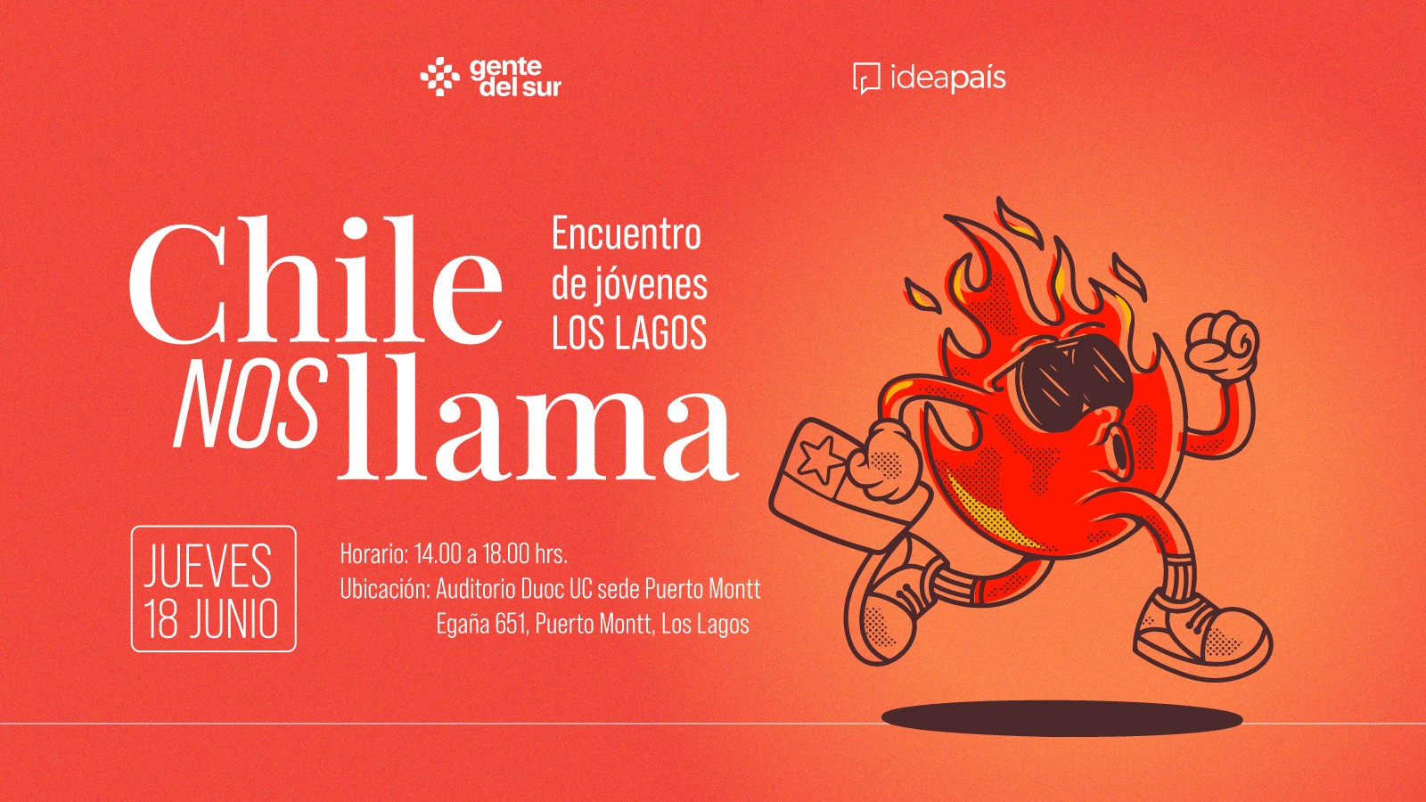 Afiche del evento Chile Nos Llama, con fondo rojo, una caricatura de una llama con zapatillas y maletín, en convocatoria de IdeaPais para el evento Chile Nos Llama en Los Lagos.
