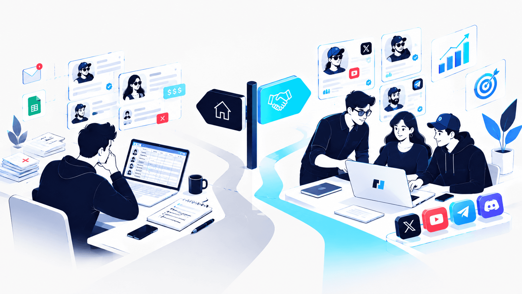 Split illustration comparing solo in-house crypto KOL outreach vs a Web3 influencer marketing agency team vetting creators and tracking growth