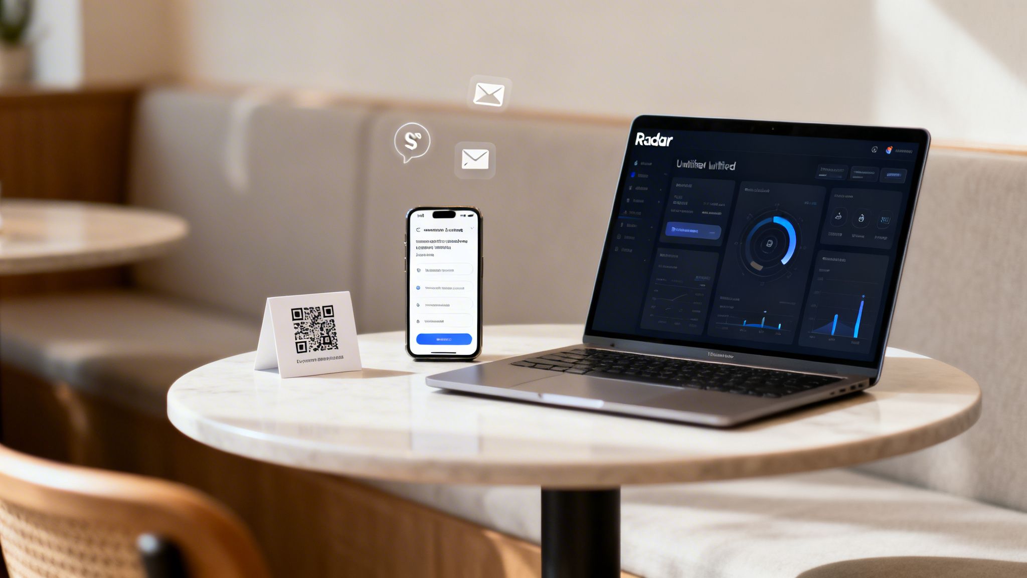 Restaurant table with a laptop displaying a feedback dashboard, smartphone, and QR code for customer reviews.