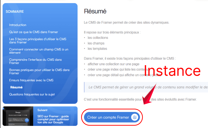 instance d’un composant bouton framer utilisée dans une page avec le cms