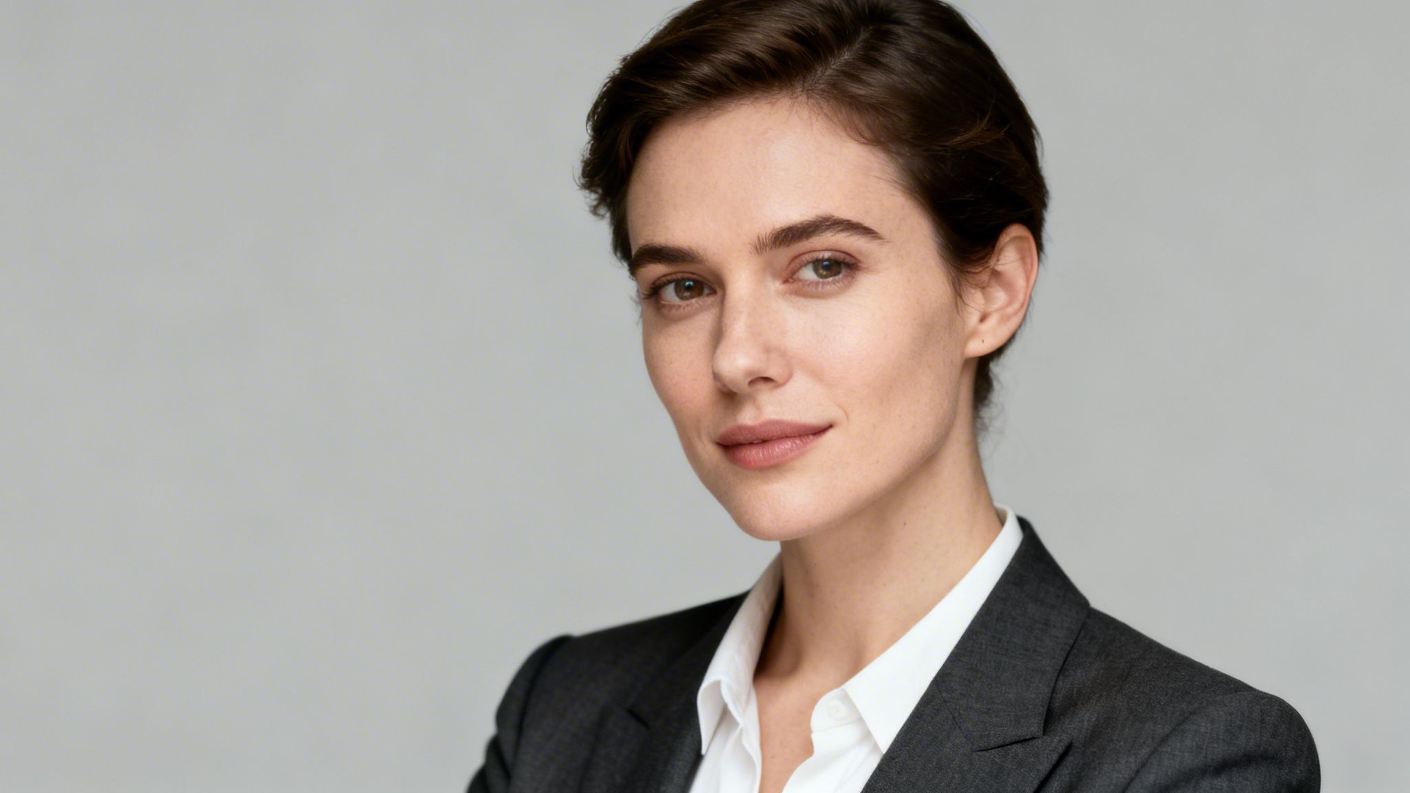 Nahaufnahme einer professionellen Frau mit kurzem braunem Haar und dunklem Anzug, die ernst in die Kamera blickt.