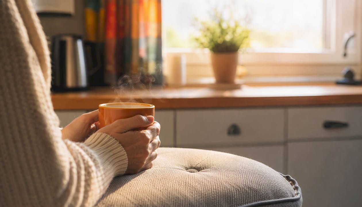 Caregiver resting with tea during respite