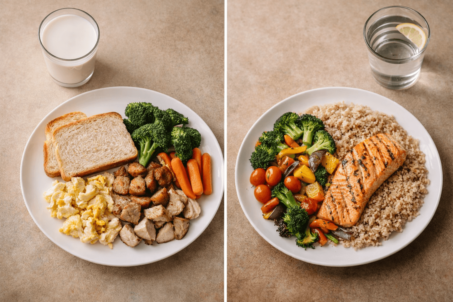 Two plates side by side — USDA MyPlate versus Harvard Healthy Eating Plate comparison of food composition and quality