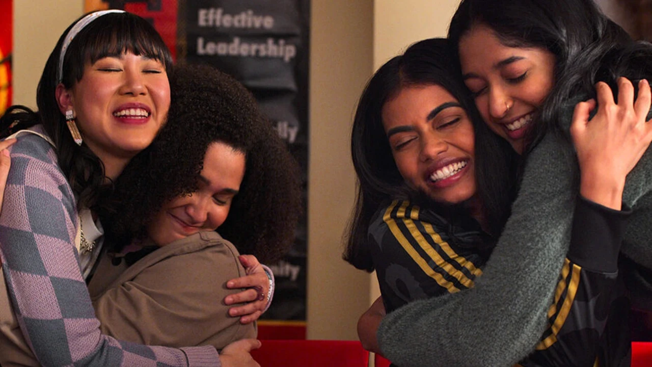 Dans un espace intérieur convivial, quatre femmes se serrent dans les bras par paires, les yeux fermés et souriantes, exprimant complicité et joie. En arrière-plan, une affiche évoque le leadership. Les gestes sont spontanés et sincères. Cette scène accompagne la thématique “Une marque employeur optimisée pour des collaborateurs fidélisés”, en symbolisant l’engagement, l’attachement et la qualité des relations humaines au sein de l’entreprise.