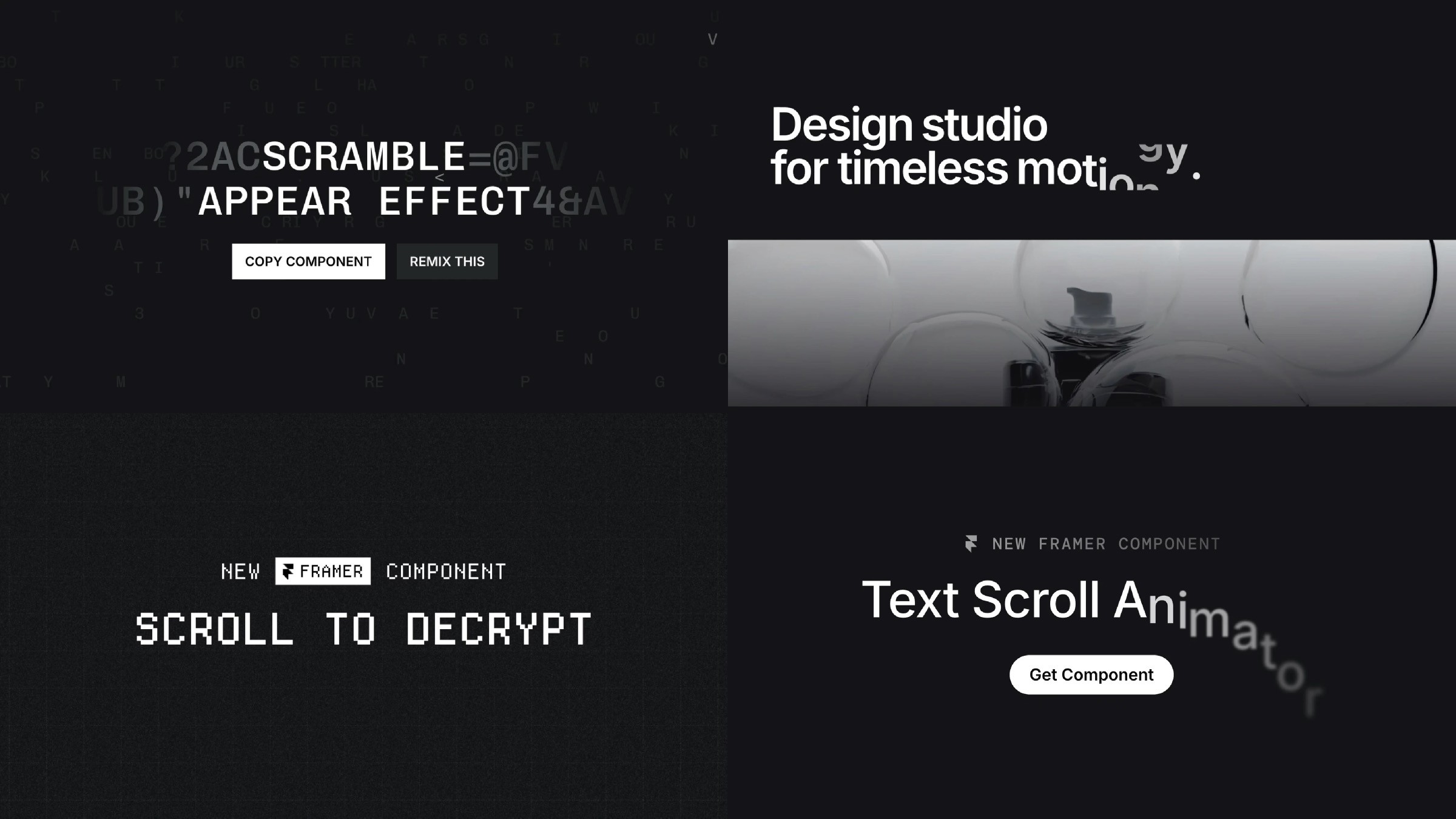 Four creative text animation components in Framer: scramble appear effect, scroll to decrypt, timeless motion reveal, and curved text scroll animator, displayed on dark UI backgrounds