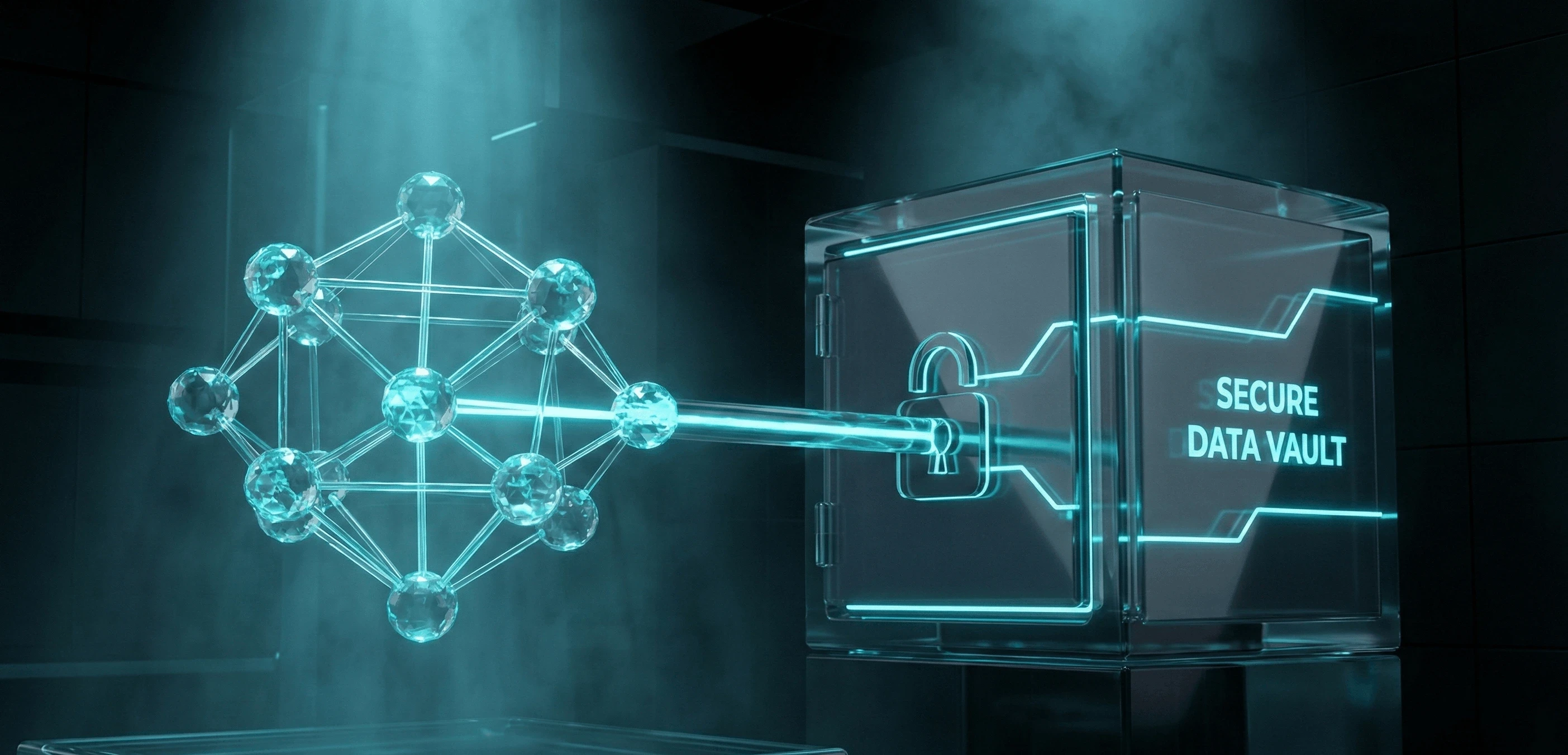 Abstract visualization of a secure Retrieval-Augmented Generation (RAG) AI system connecting to a private data vault.