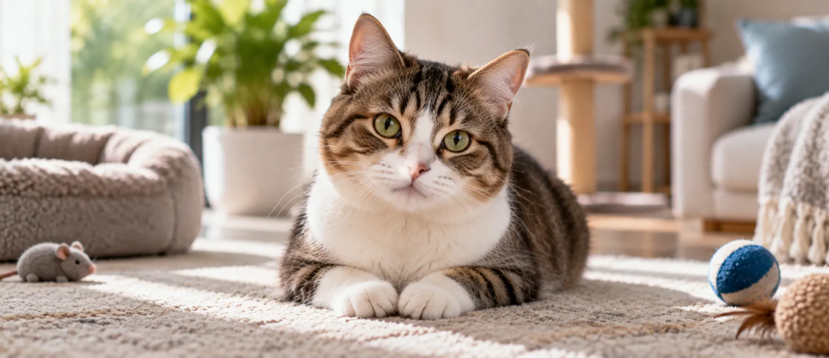 A tabby cat rests comfortably indoors, representing life with an FIV-positive diagnosis.