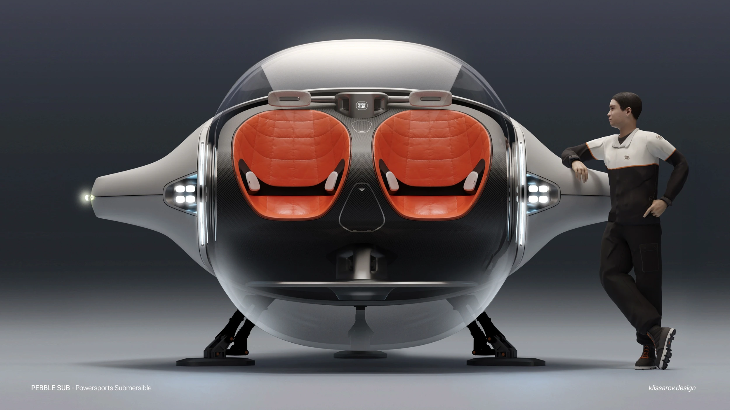 Submersible final design front view with pilot next to it