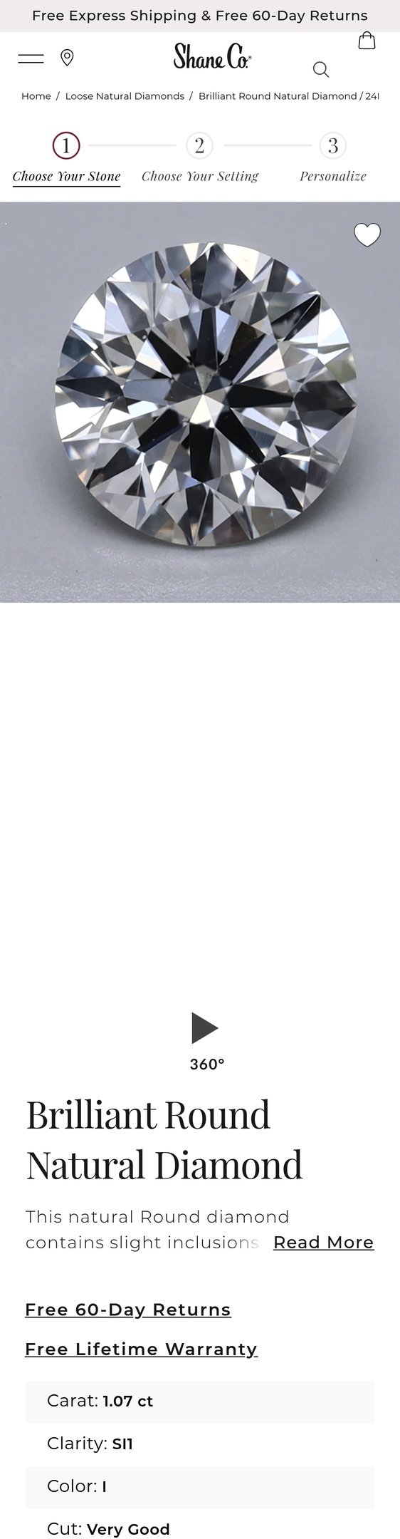 Jewelry product options include:  for Brilliant Round Natural Diamond from Shane Co.