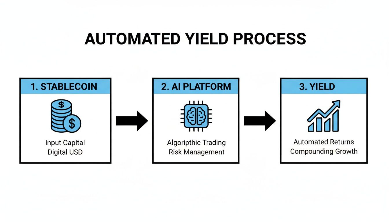 Flowchart depicting an automated yield process using stablecoins, an AI platform for trading, and resulting in automated returns.
