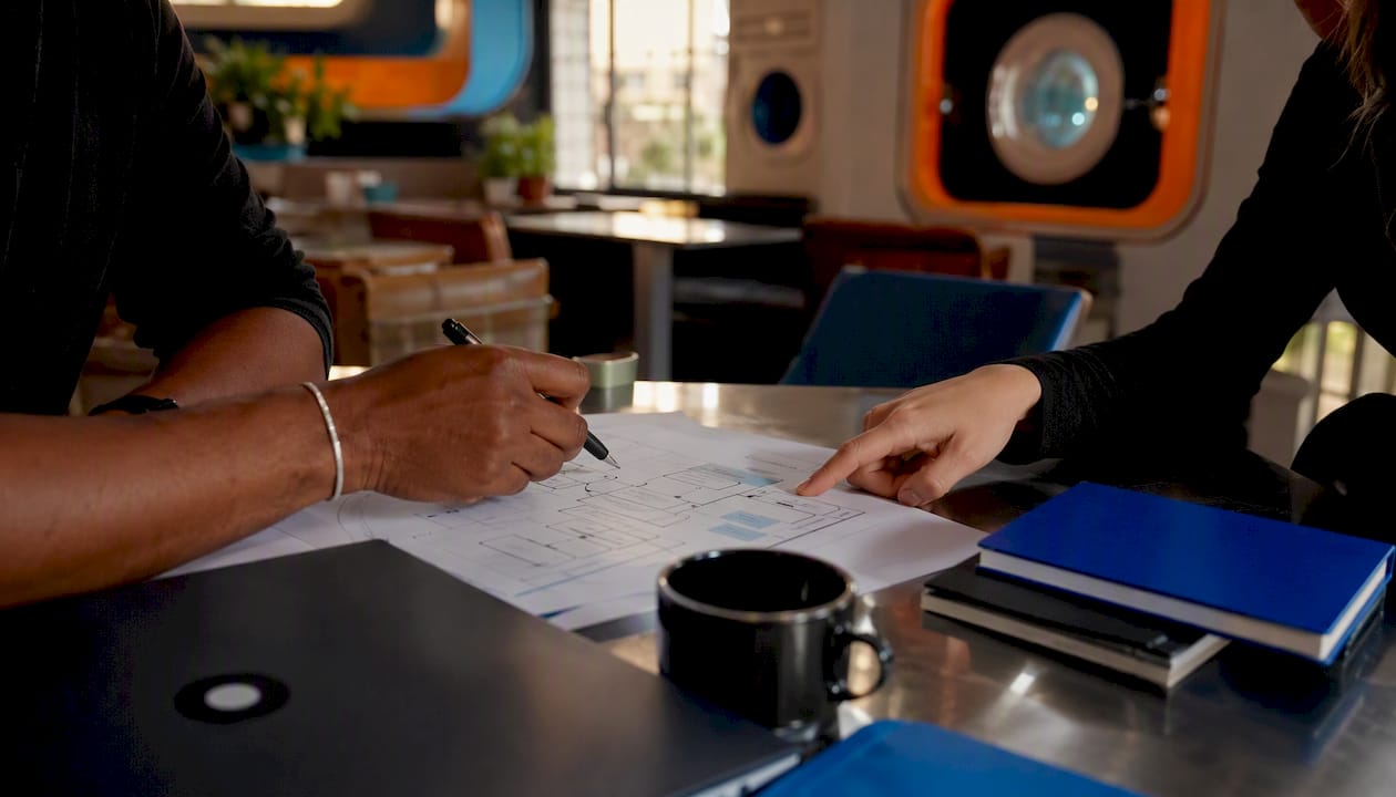 Hands reviewing DAM approval workflow document