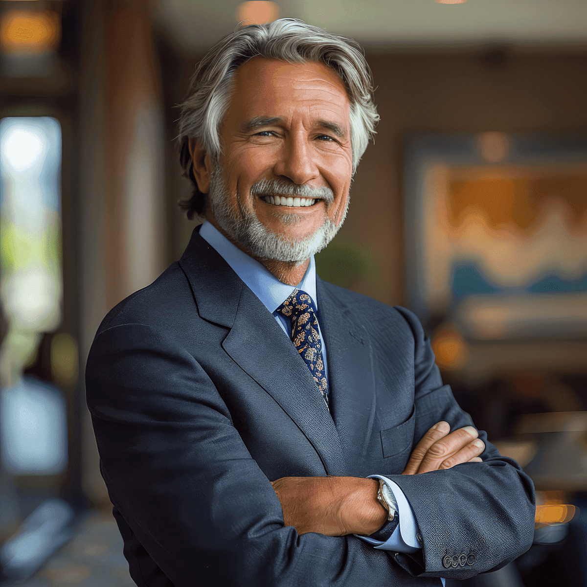  Dignified senior man with grey hair and beard, wearing a navy suit and patterned tie, arms crossed.
