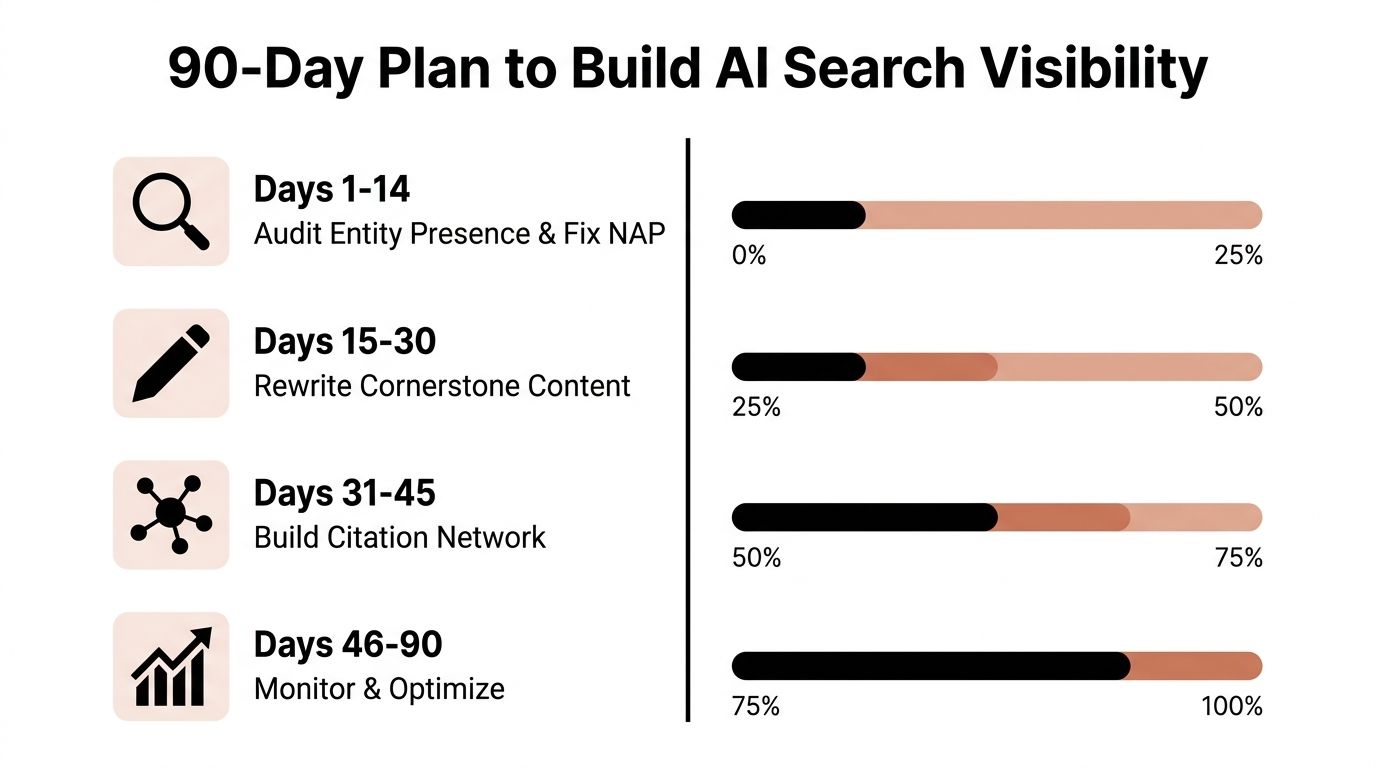 A 90-day plan infographic illustrating four strategic stages to improve website visibility within AI-powered search engines.