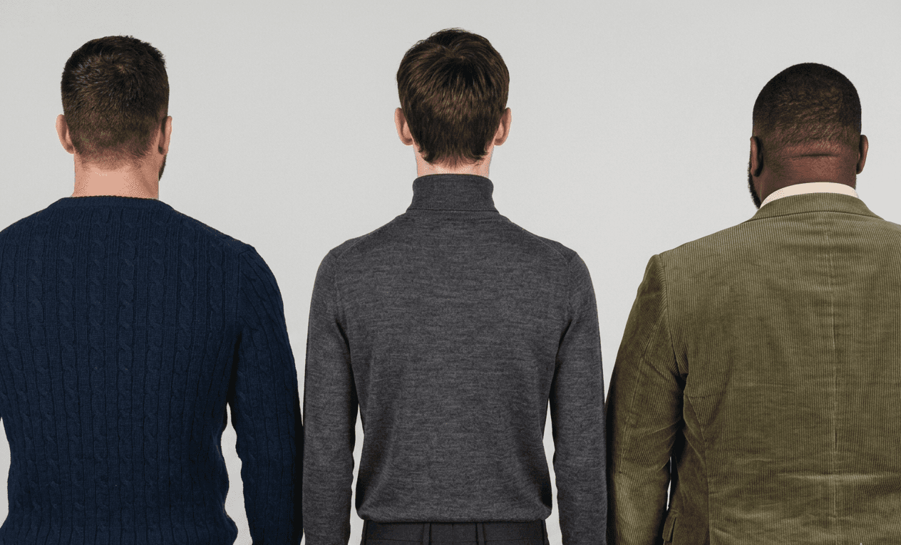 Three men representing different body types standing side by side from behind
