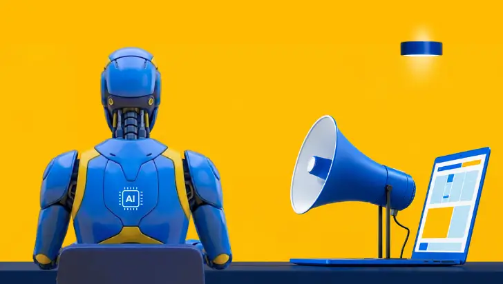 3D blue AI robot sitting at a desk with a megaphone and laptop for digital PR visibility.
